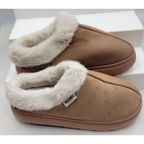 Zulemei Slippers House Shoes Cozy Brown White Faux Fur Rubber Sole Womens 9 New - Picture 3 of 7